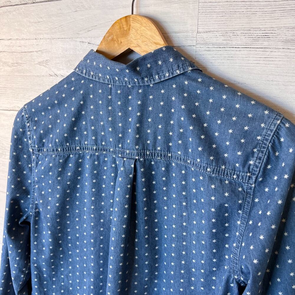 Chicos Shirt Womens Size 0/S Spacey Dot Cozmo Chambray Denim Long Sleeve Cotton - Picture 13 of 16